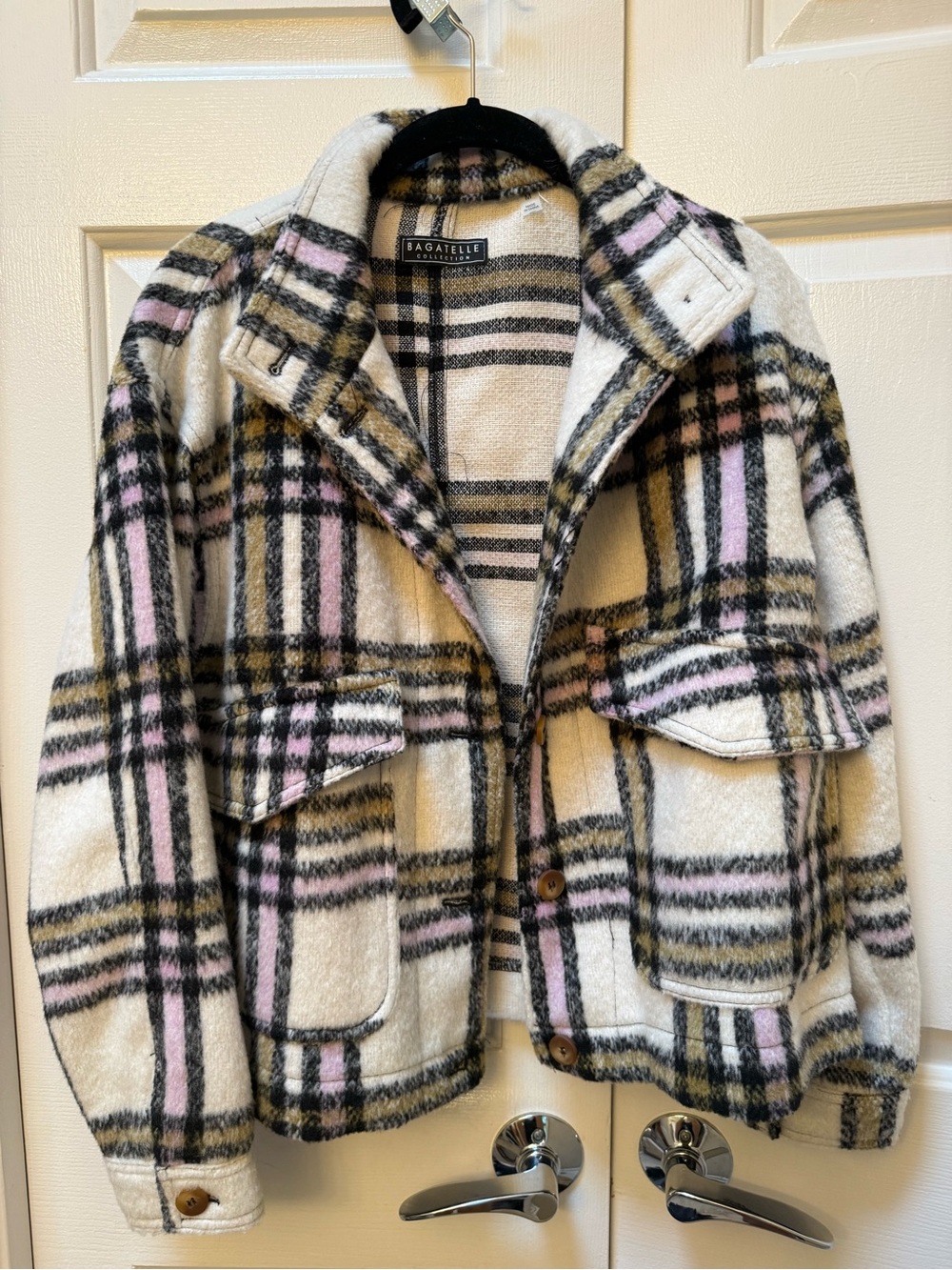 bagatelle Cream Plaid Teddy Jacket with Pink & Black Stripes